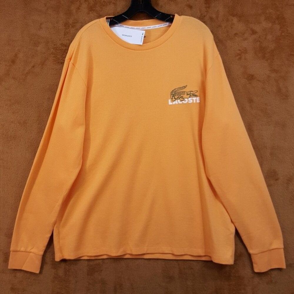LACOSTE Shirt Mens XL Orange Pullover Crew Long Sleeve Waffle Thermal Logo